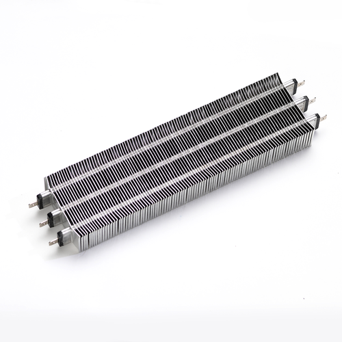 Rectangular replacement heating element with metal fins and three outlet prongs